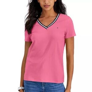 Tommy Hilfiger| Women's Striped V-Neck Short-Sleeve T-Shirt | Bubblegum Pink | M